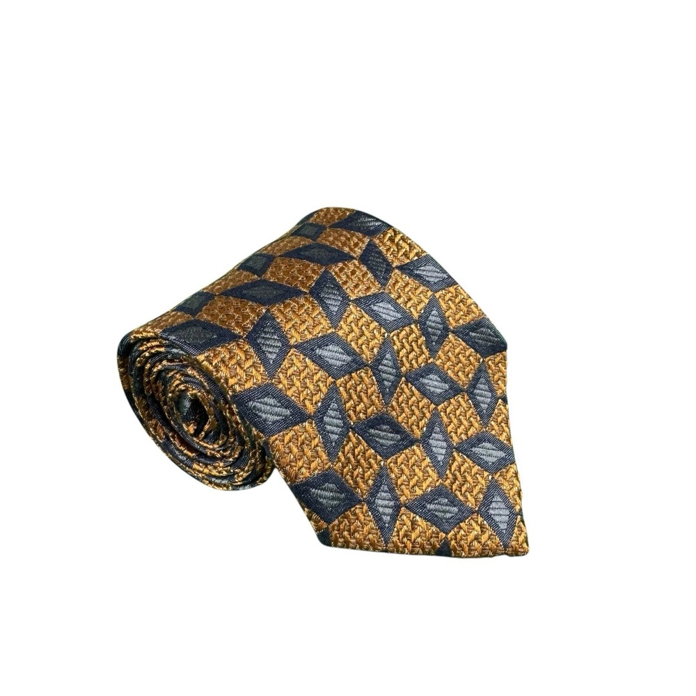 Ermenegildo Zegna Mens Vintage Gold Silver Geometric Silk Tie 4 Inch Wide 3091